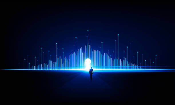 istock Abstract Businessman walks into the door of success city open Light technology background Hitech communication concept innovation background vector design. 1665655154
