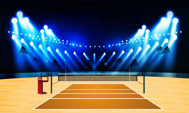 istock Volleyball court arena field with bright stadium lights design. Vector illumination 1665658004