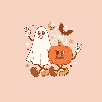Vector illustration with cute vintage characters. Autumn pumpkin, ghost, spider web, bat, moon and stars. Perfect for logo or card design.