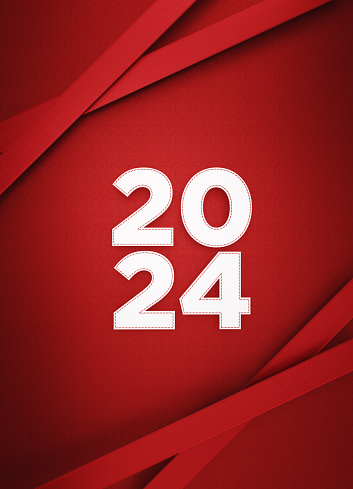 2024 and red ribbons over red background. Vertical composition with copy space. 2024 concept.