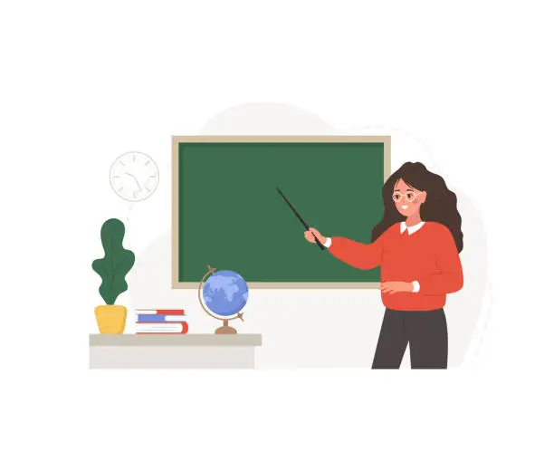 Vector illustration of Female teacher in classroom. Pedagogue with pointer at chalkboard. School and college concept. Vector illustration in flat cartoon style