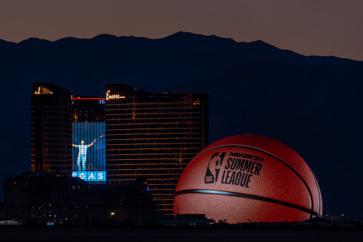 Las Vegas, Nevada, the USA, 29 August 2023: MSG Sphere light up with basketball picture Summer League on the Strip. Exosphere is new building in Las Vegas what attracts tourists.