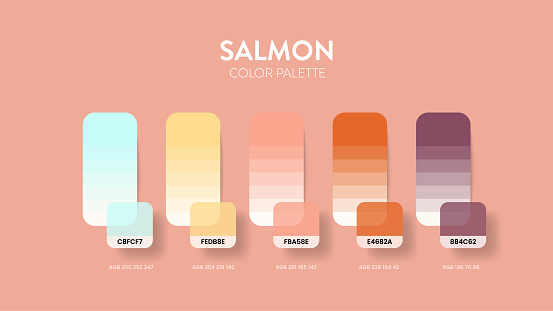 Color palette in Salmon colour theme collections. Color inspiration or colour chart with codes template. Color combination set of RGB. Colors swatch for graphic design, art, fashion, or web design.