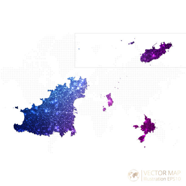 ilustrações, clipart, desenhos animados e ícones de mapa de guernsey em wireframe geométrico azul com gráfico gradiente de estilo poligonal roxo no fundo branco - joining the dots (expressão inglesa)