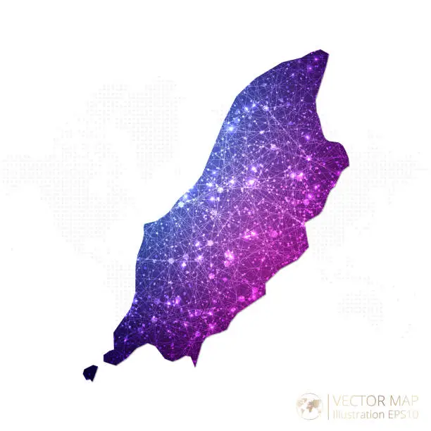 Vector illustration of Isle of Man map in geometric wireframe blue with purple polygonal style gradient graphic on white background
