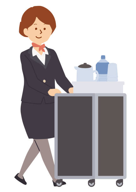 istock Clip art of female flight attendant at work , with in-flight wagon 1665677862