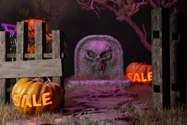 3d render, Halloween concept. flash sale. Graveyard and dry grass. Spooky ambiance for halloween party.