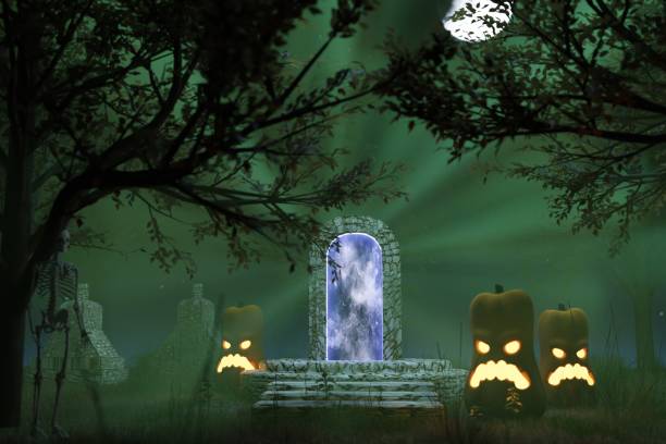 3d render, Halloween concept. flash sale. Graveyard and dry grass. Spooky ambiance for halloween party.