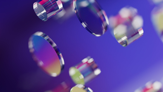 Lens disc glass shapes on an angle moving through a technology inspired atmosphere on dark purple gradient background