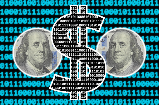 Digital dollar with a portrait of Benjamin Franklin from one hundred US dollars. Business concept of a U.S. Central Bank Digital Currency (CBDC)