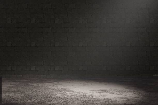istock Interior dark room, hangar with concentrate wall and floor, fog and mist environment. 3d render. 1665704544