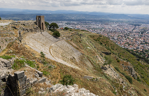 Ruins of the Theatre in the ancient Greek City of Pergamon. It is the steepest of all ancient theatres with a capacity of 10,000 people and was constructed in the 3rd century BC. Bergama, Izmir Province, Turkey