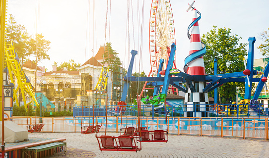Batumi, Georgia - July 17, 2017: Attractions in a summer amusement park