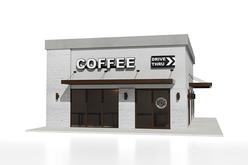 Front of classical style commercial building 3d render.There are a street shop, The building has classical style with gray and white color. The shop has white blank sign with clipping path.