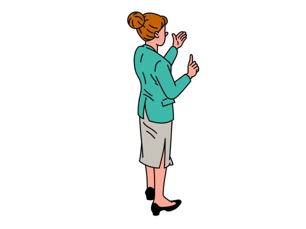Vector illustration of Back view of woman in conversation. Team leader, representative, leader, vector clipart. Business people, customer service