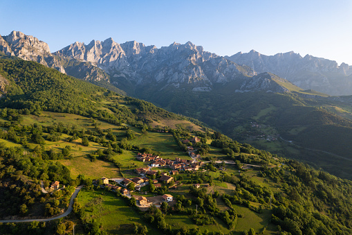 Aerial sunrise view of the beautiful Spanish Village of Mogrovejo