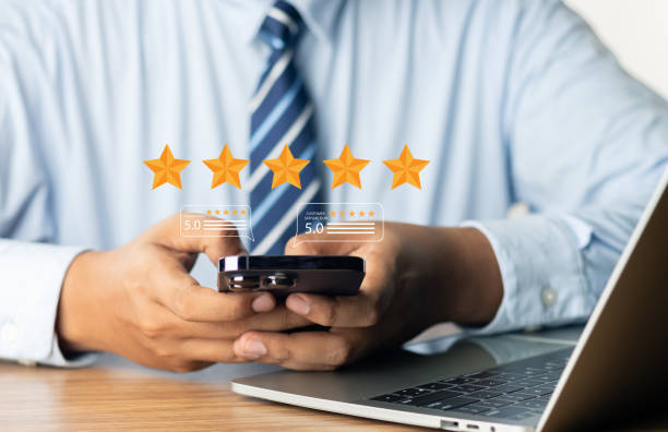 istock Customer or User give rating to service experiences review satisfaction feedback survey on online application, Customer can evaluate quality of service leading to reputation ranking of business. 1665716370