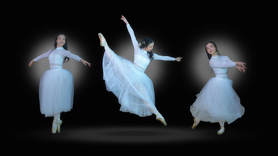 Set of beautiful female ballet dancers on a dark background.