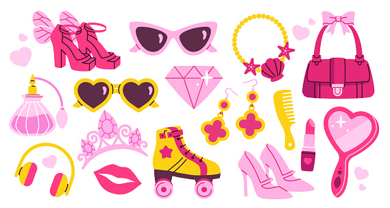 Set of fashion doll stickers. Pink illustrations of glasses, bag, perfume, rollers, accessories, heels and cosmetics. fashion doll doll design elements. Cartoon flat vector collection isolated on white background