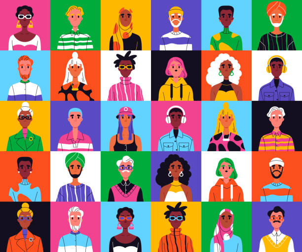 Diverse people seamless pattern. Mosaic poster with characters with different skin colors, ages, genders and nations. Multiracial community of men and women. Cartoon flat vector illustration