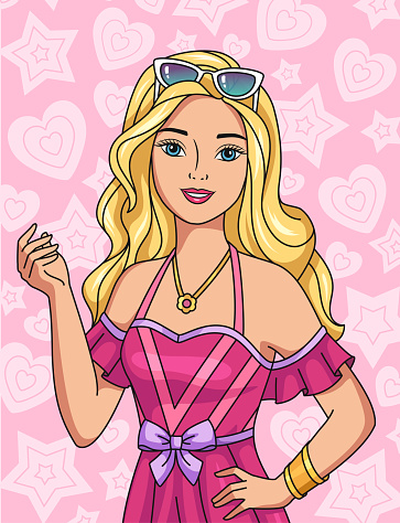 Portrait of popular fashion doll doll. Vintage poster with beautiful blonde girl in pink dress against background of hearts and stars. Popular cartoon character. Cartoon flat vector illustration