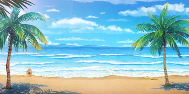 Sea01 2D Illustration of Sea in the Morning tropical beach and clouds scene stock illustrations
