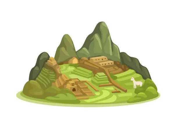 Vector illustration of Machu Picchu Aka Lost City Of Inca Landmark Destination From Peru Cartoon Illustration Vector