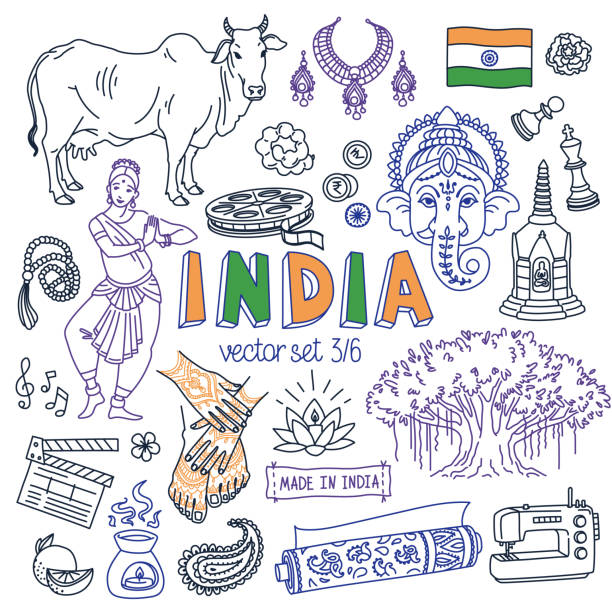 ilustrações de stock, clip art, desenhos animados e ícones de india doodle set. traditional symbols of indian culture and buddhism, national food and landmarks. - mumbai delhi temple india