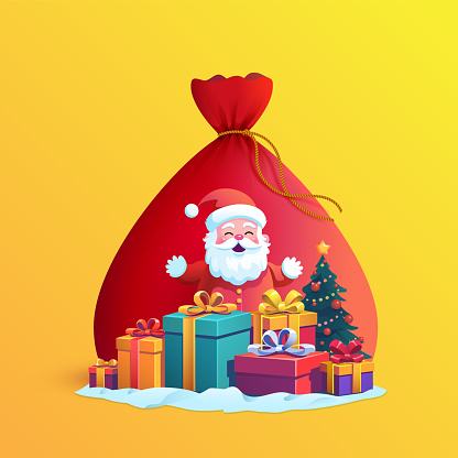Cheerful Santa Claus surrounded by presents, spreading holiday joy. Adorable Santa Claus radiating joy while surrounded by gifts and positioned beside a charming Santa bag – a heartwarming vector illustration capturing the festive spirit.