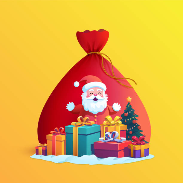 Cute joyful Santa Claus with Gifts Cheerful Santa Claus surrounded by presents, spreading holiday joy. Adorable Santa Claus radiating joy while surrounded by gifts and positioned beside a charming Santa bag – a heartwarming vector illustration capturing the festive spirit. red green and gold christmas trees stock illustrations