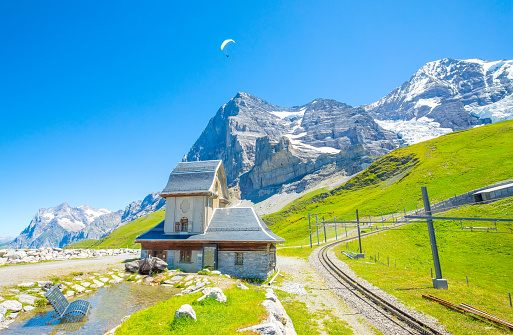 Scenic view of Swiss Alps at Jungfrau Eiger Walk, Kleine Scheidegg area, Switzerland travel photo