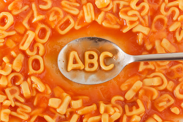 istock Pasta shaped ABC letters in tomato sauce on a spoon 166577930