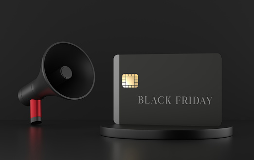 Black Friday Credit Card And Megaphone. Sale and communication concept.
