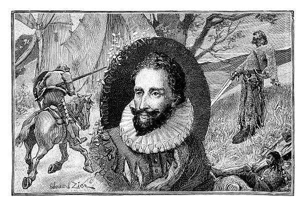 miguel de cervantes-antyczne grawerowane design - literary artist stock illustrations