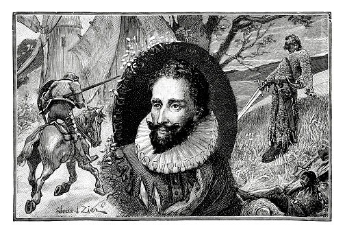 Antique engraved image of Miguel de Cervantes.