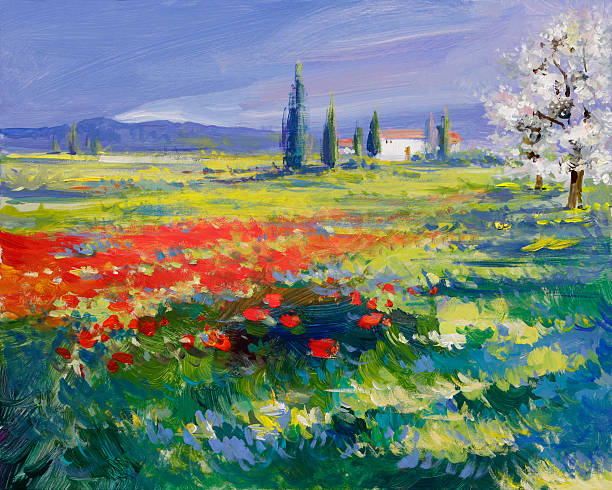 ilustraciones, imágenes clip art, dibujos animados e iconos de stock de pintado poppies en summer meadow - fine art painting