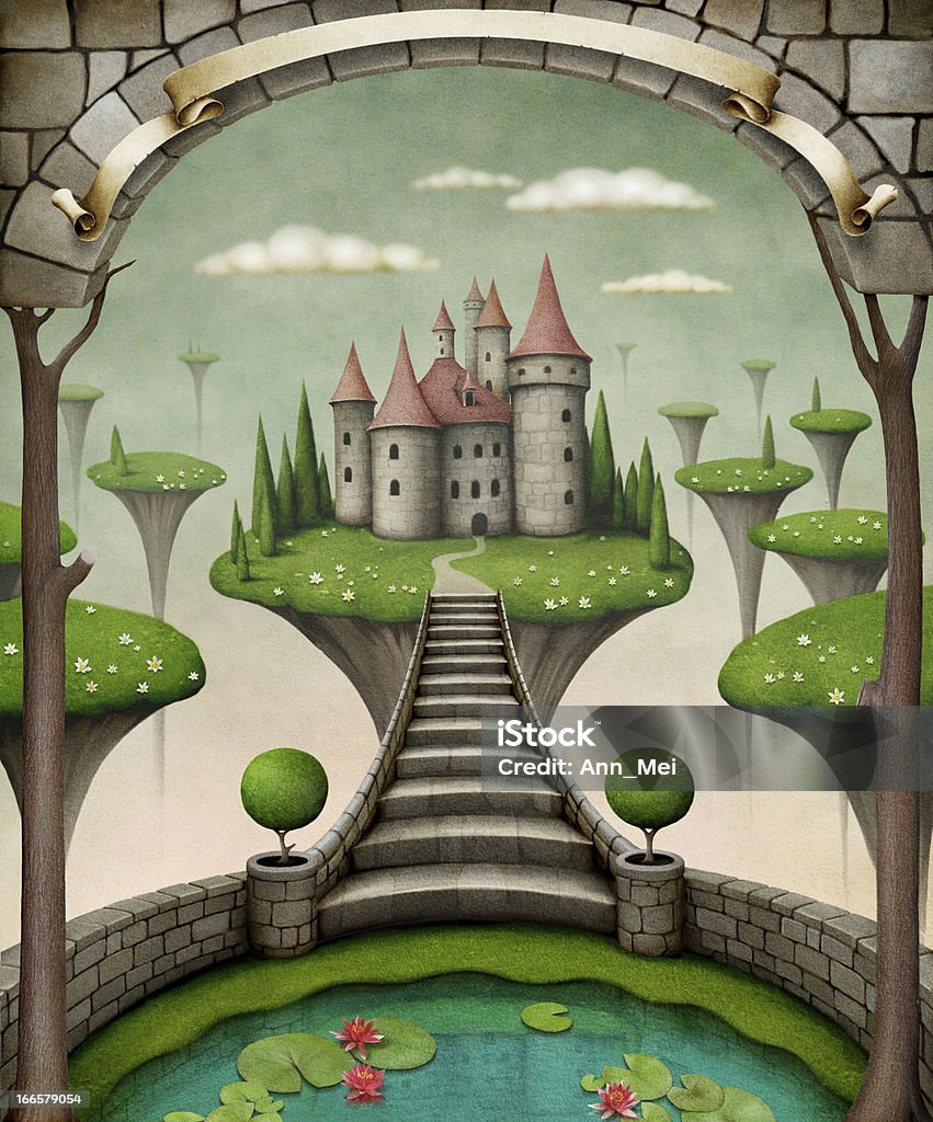 Fairytale castle Beautiful fairy background or illustration with hanging meadows and castle. Computer graphics. Castle stock illustration