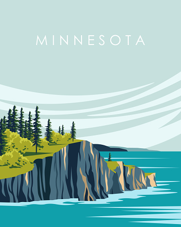 Vector illustration Minnesota North Shore of Lake Superior. Design for poster, travel postcard, cover. Tourism, travel.