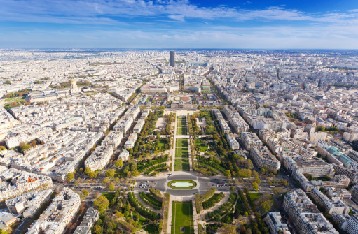 Top view from Eiffel tower on famous Champs de Mars. Paris. France