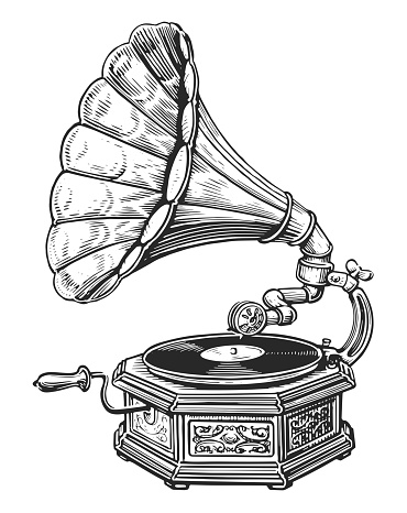 Vintage gramophone player with vinyl record sketch hand drawn illustration. Retro music device with horn speaker