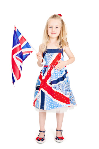 Patriotic 5 year old little girl on white background