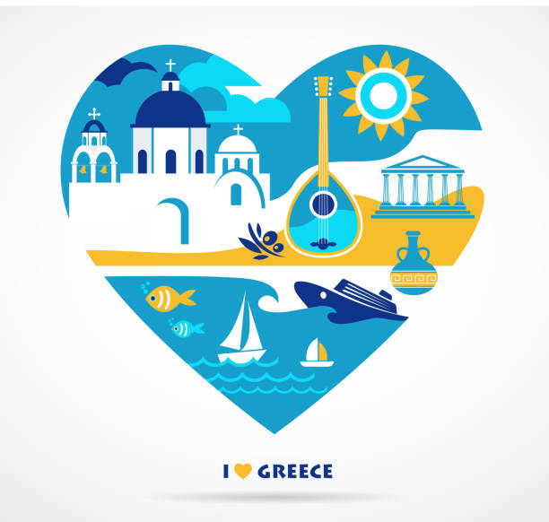 Greece love Greece - heart with many icons greece music stock illustrations