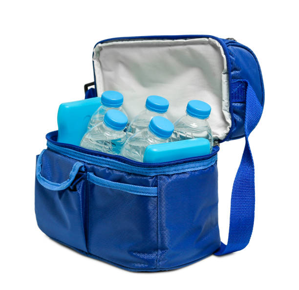 cooler bag with bottles of water stock photo