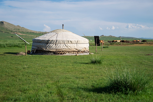 Drone photograph of ger set up by a nomadic family in Bulgan Province, Mongolia, with solar panels located near it.