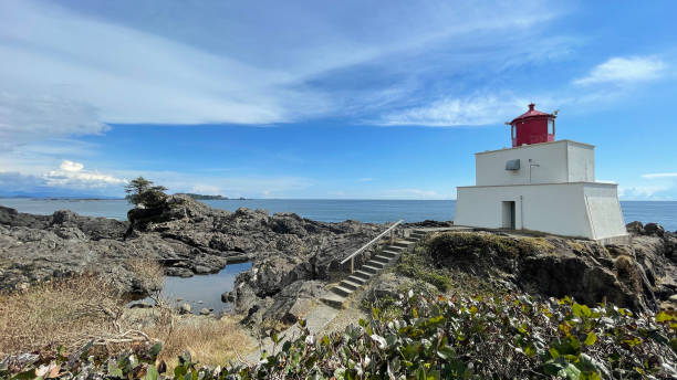 Amphitrite Point Lighthouse at the Ucluelet Wild Pacific Trail Lighthouse Loop on Vancouver Island The Amphitrite Point Lighthouse at the Ucluelet Wild Pacific Trail Lighthouse Loop on Vancouver Island in British Columbia, Canada. east vancouver stock pictures, royalty-free photos & images