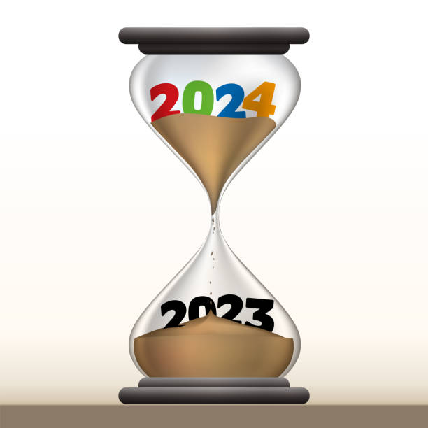 stockillustraties, clipart, cartoons en iconen met passage concept from 2023 to 2024, with the countdown symbolized by an hourglass. - energietransitie