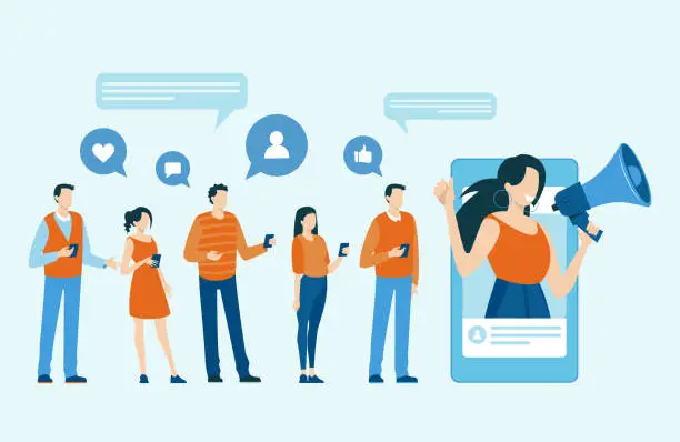 Vector illustration of group of people using mobile gadgets communicating being attracted by social media influencer