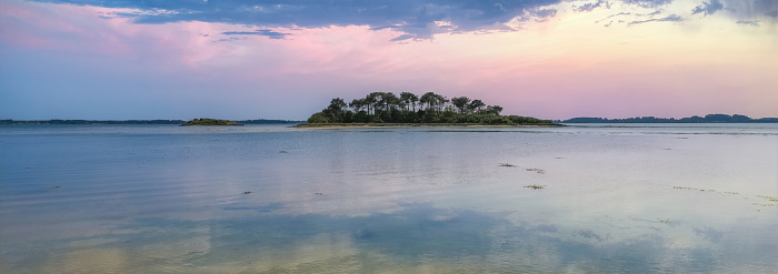 Brittany, panorama of the Morbihan gulf, view from the Ile aux Moines at sunset