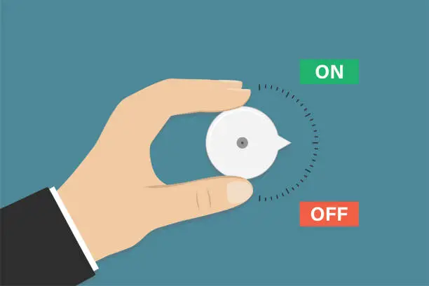 Vector illustration of Businessman hand turn the regulator, switch in middle position. Control panel, setting, slider for adjustment. Measuring scale with text - ON and OFF. Indicator, design template.