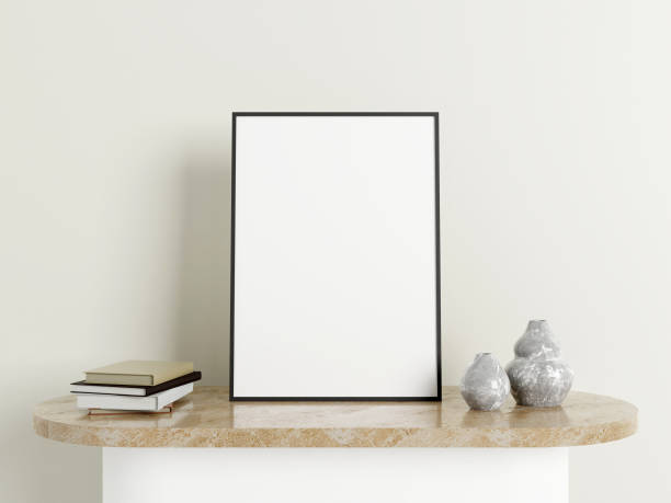 istock Minimalist vertical black poster or photo frame mockup on the marble table with decoration. 3d rendering. 1665871982